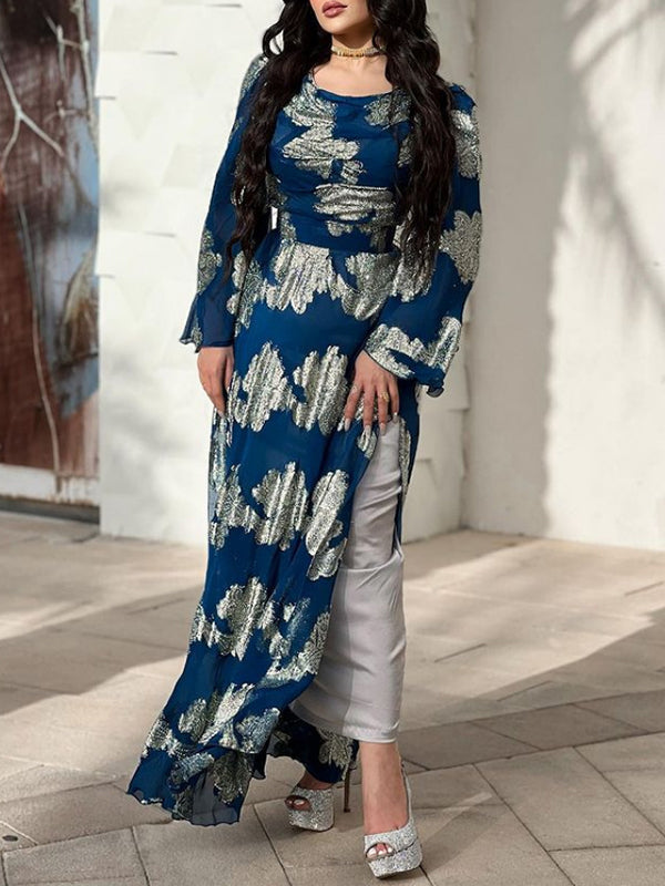 Floral Printed Split-side Flared Sleeves Maxi Dresses Evening Dresses