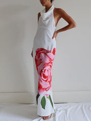 Backless Flower Print Bodycon Sleeveless Half Turtleneck Maxi Dresses