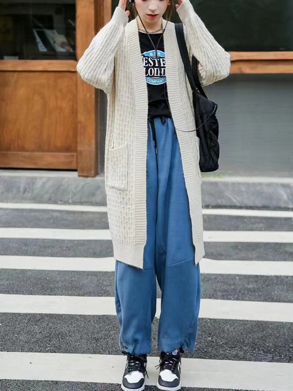 Pockets Solid Color Long Sleeves Loose Collarless Cardigan Tops
