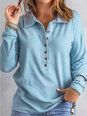 Buttoned Solid Color Split-Joint Long Sleeves Loose Lapel T-Shirts Tops