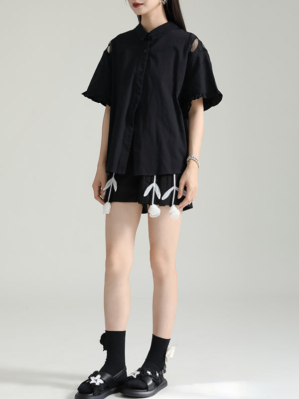 Buttoned Mesh Reversible See-Through Split-back Split-Joint Half Sleeves Loose Lapel Blouses&shirts Tops
