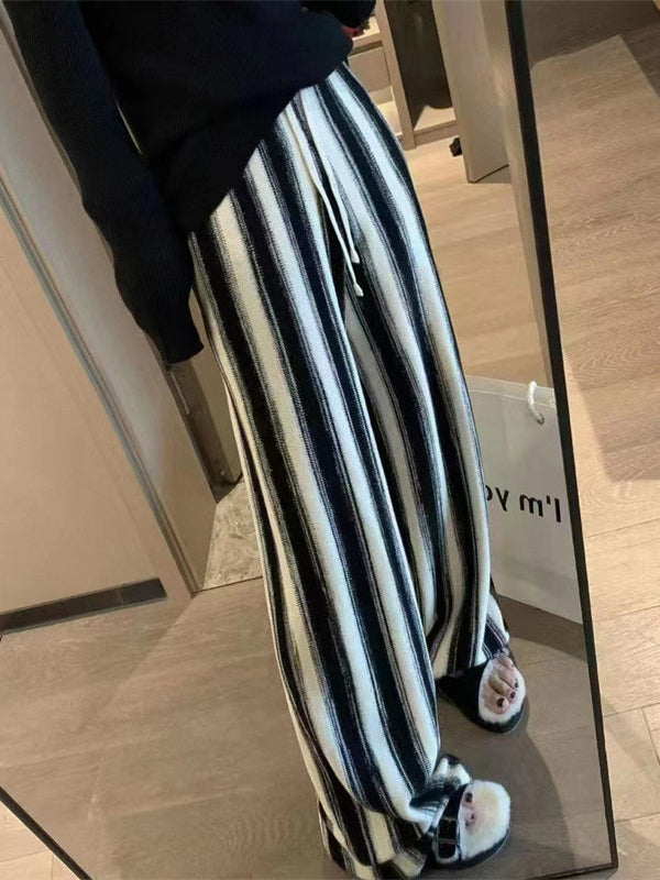 Contrast Color Drawstring Elasticity Split-Joint Striped Loose Wide Leg Trousers Pants