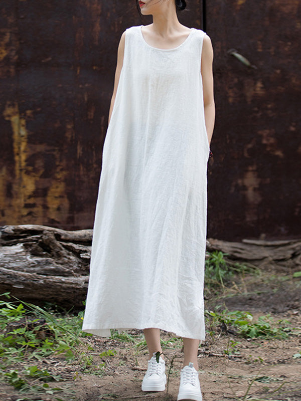 Drawstring Solid Color Split-Joint Tied Waist Loose Sleeveless Round-Neck Midi Dresses