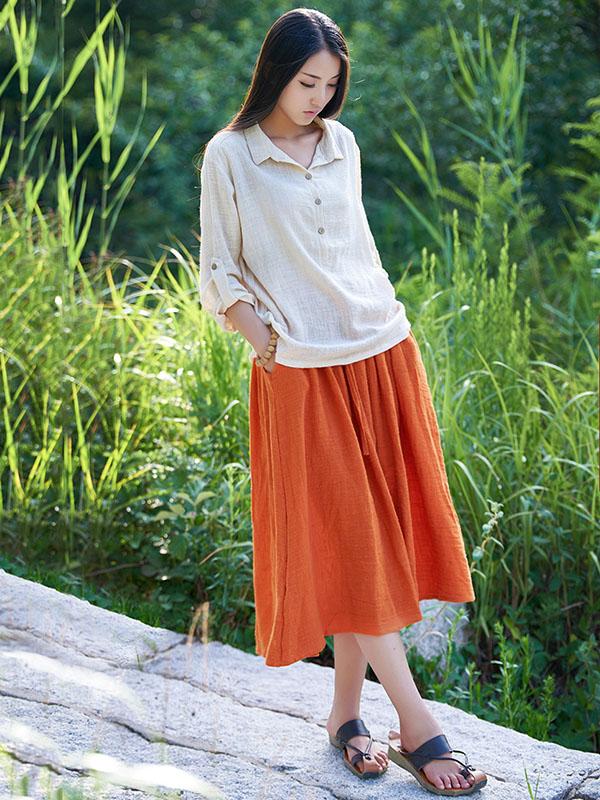 White&Gray&Beige Lapel Ramie Cotton T-shirt