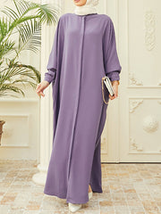 Buttoned Muslim Solid Color Split-Side Batwing Sleeves Loose Round-Neck Muslim Abaya Maxi Dresses