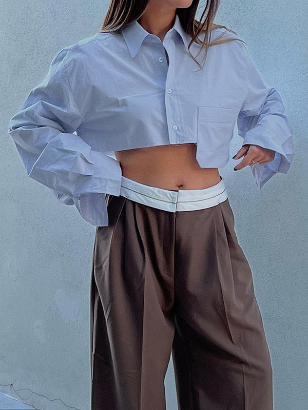 Asymmetric Buttoned Pockets Solid Color Split-Joint Long Sleeves Loose Lapel Blouses&Shirts Tops
