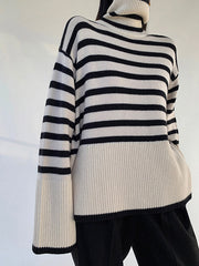 Contrast Color Pleated Split-Joint Split-Side Striped Patterns Long Sleeves Loose High Neck Sweater Tops