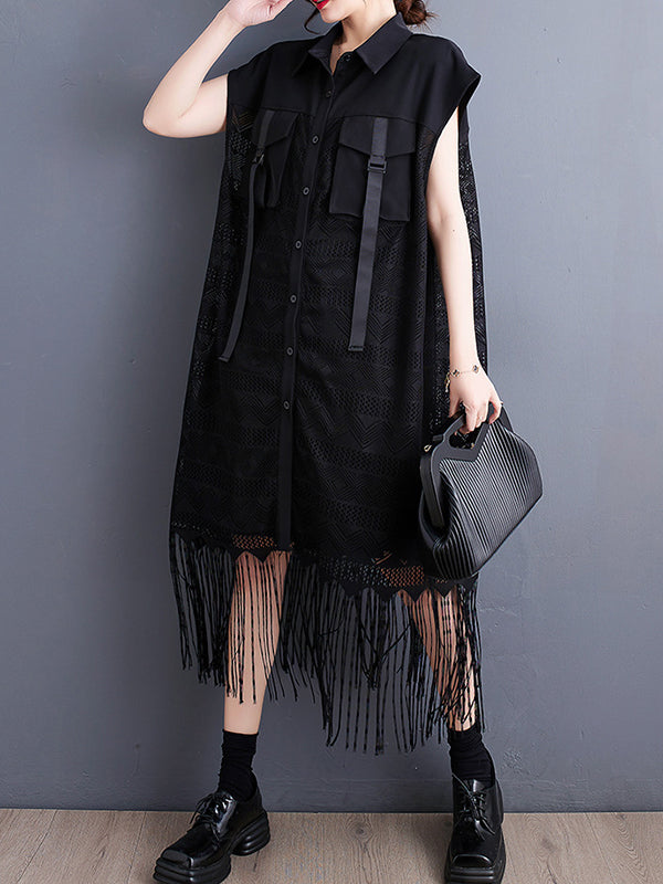 Gauze Pockets Split-Joint Tasseled Short Sleeves Lapel Midi Dresses