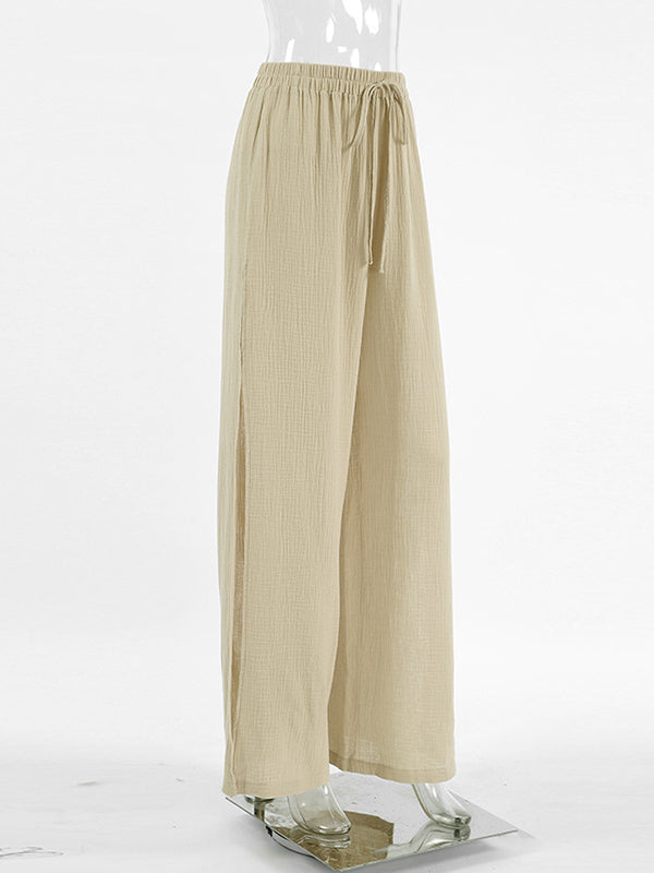 Drawstring Elasticity Solid Color Split-side High Waisted Loose Trousers Pants