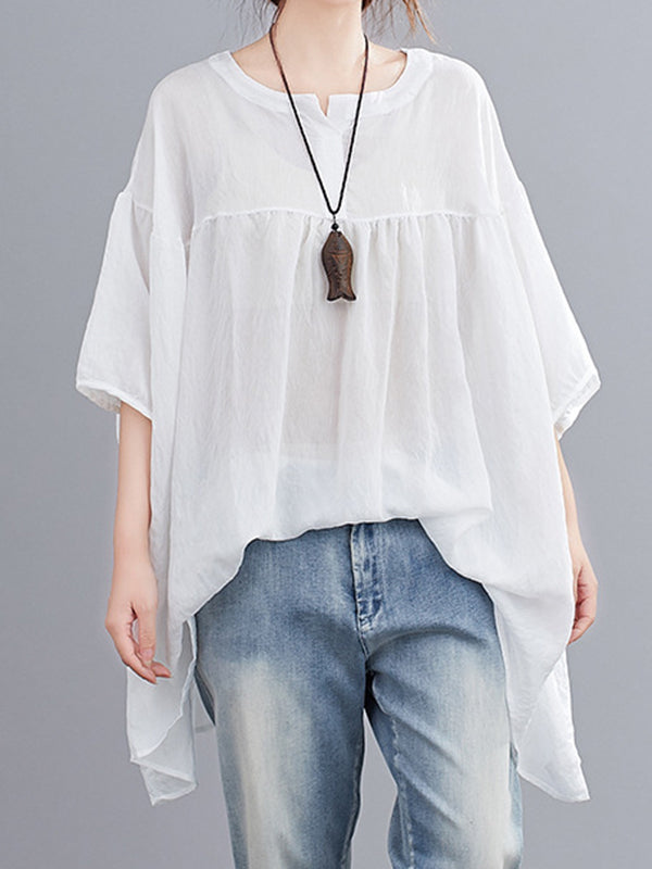 Pleated See-Through Solid Color Half Sleeves Loose Round-neck Blouses&shirts Tops