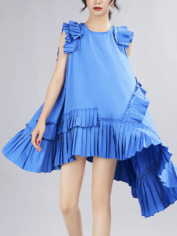 Asymmetric Pleated Solid Color Split-Joint Flying Sleeves Loose Round-Neck Midi Dresses