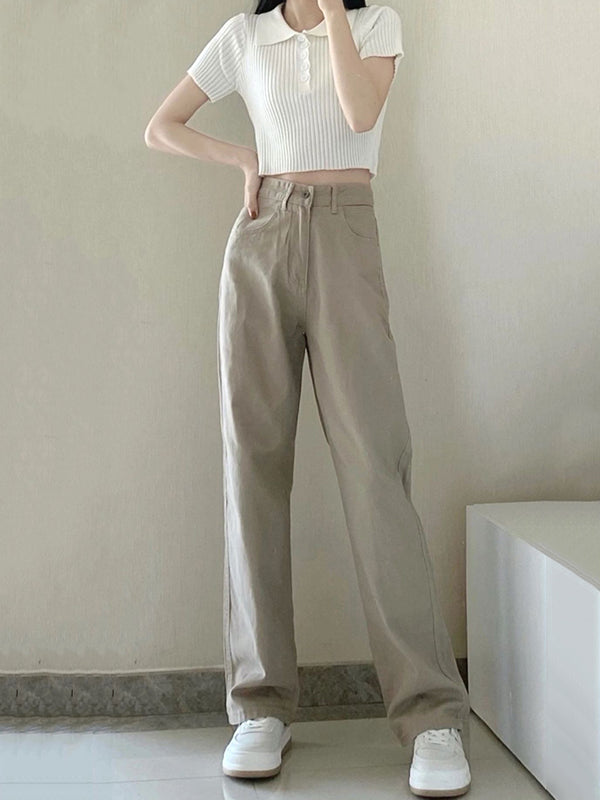 Casual High Waisted Solid Color Wide Leg Pants