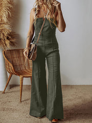Pockets Solid Color Zipper High Waisted Loose Spaghetti-Neck Jumpsuits