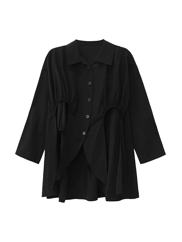 Buttoned Pleated Solid Color Split-Joint High-Low Irregularity Shirt Collar Blouses&Shirts Tops