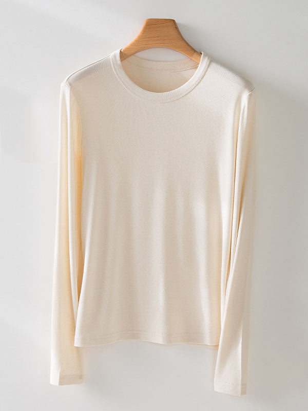 Solid Color Long Sleeves Round-neck Skinny T-Shirts Tops