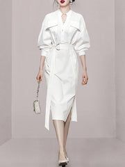 See-Through Split-Joint Split-Side Tied Waist Long Sleeves Loose V-Neck Shirt Dress Midi Dresses