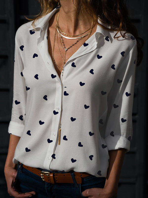Buttoned Heart Print Long Sleeves Loose Lapel Blouses&Shirts Tops