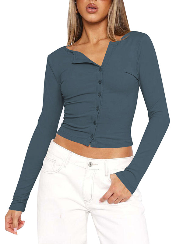 Solid Color Split-Joint Long Sleeves Skinny Round-neck T-Shirts Tops