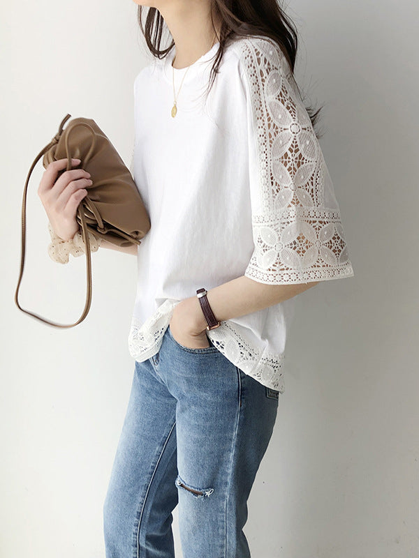 Hollow Solid Color Split-Joint Half Sleeves Loose Round-Neck T-Shirts Tops