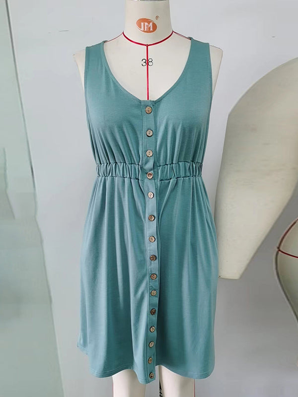 Buttoned Elasticity Pleated Pockets Split-Joint A-Line Loose Round-Neck Mini Dresses