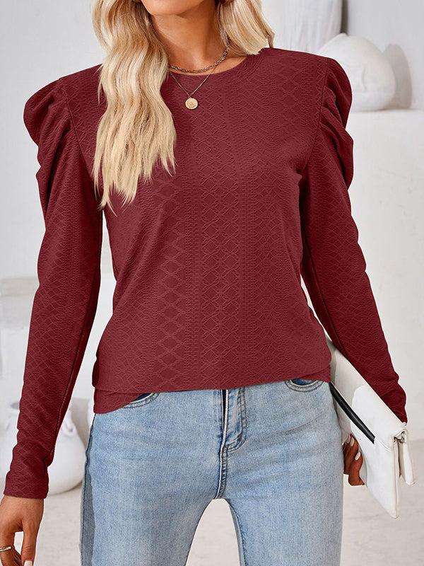 Pleated Solid Color Long Sleeves Loose Round-Neck T-Shirts Tops