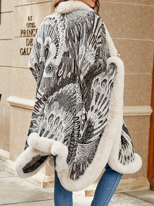 Jacquard Keep Warm Velvet Long Sleeves Loose Collarless Shawl Cape