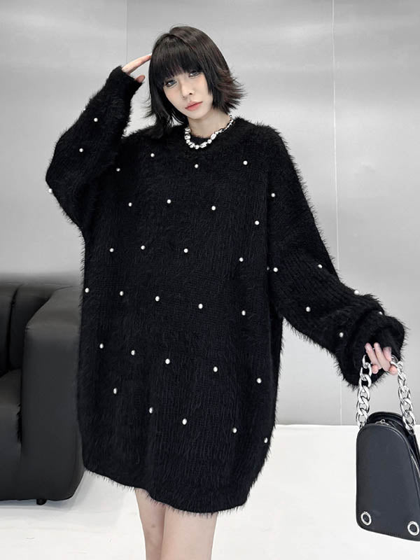 Beads Contrast Color Shiny Split-Joint Long Sleeves Loose Round-Neck Sweater Dresses Mini Dresses