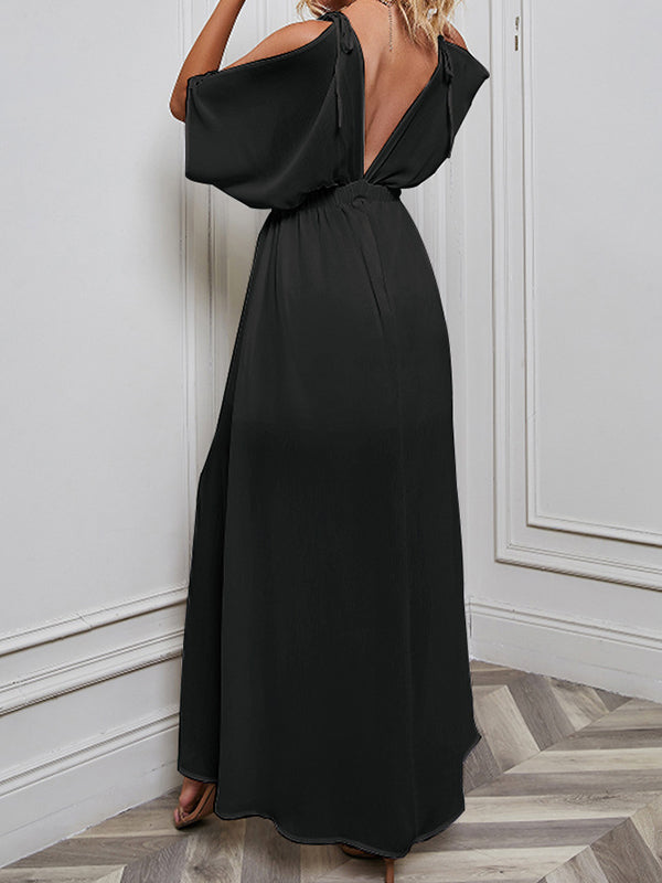 Solid Color Split-front Batwing Sleeves Loose Deep V-Neck Maxi Dresses