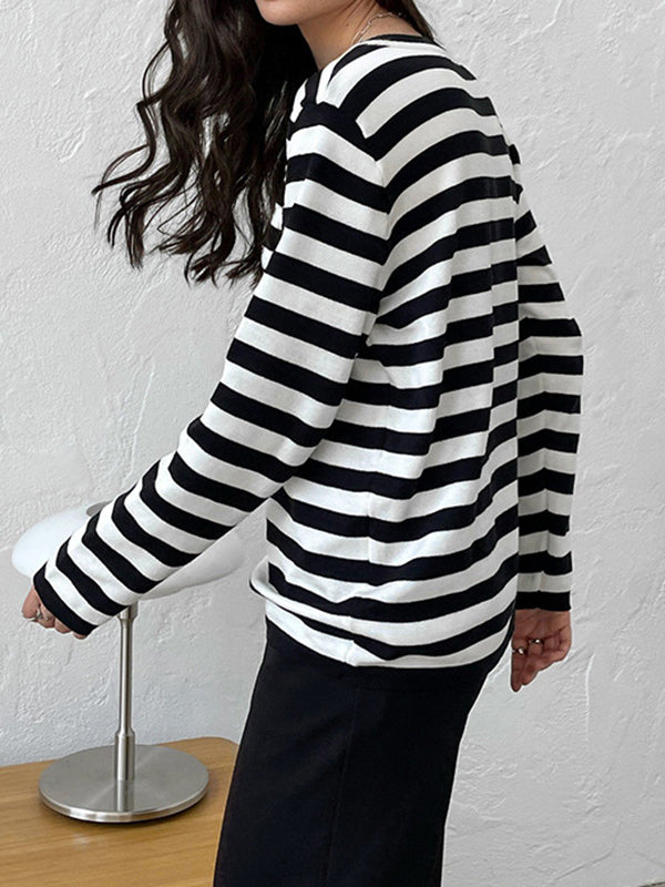 Split-Joint Striped Long Sleeves Loose Round-Neck Sweater Tops