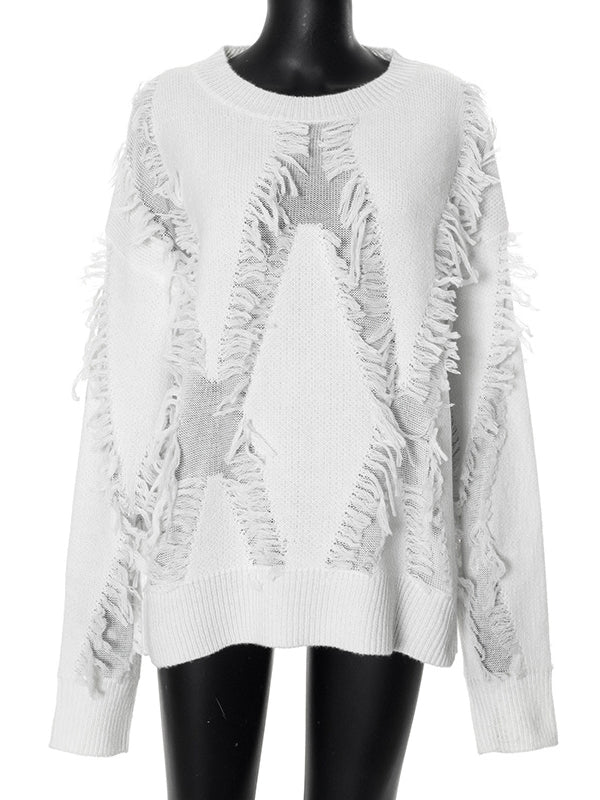 Solid Color Tasseled Long Sleeves Loose Round-Neck Sweater Tops Pullovers
