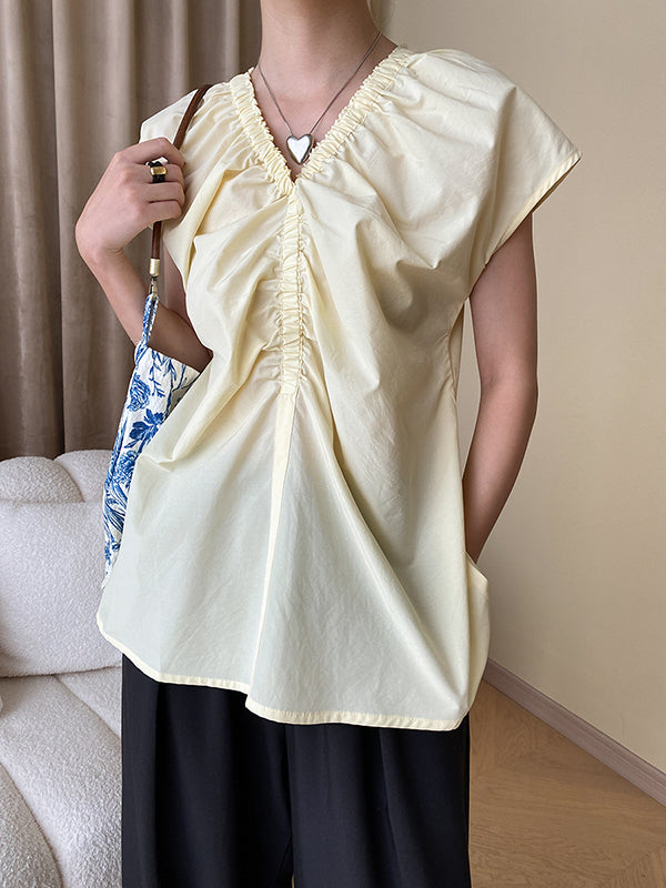 Elasticity Pleated Solid Color Split-Joint Flying Sleeves V-Neck Blouses&Shirts Tops