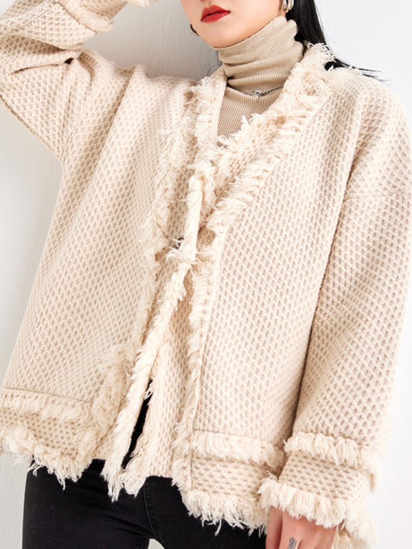 Buttoned Fringed Solid Color Long Sleeves Loose V-Neck Cardigan Tops