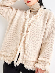 Buttoned Fringed Solid Color Long Sleeves Loose V-Neck Cardigan Tops