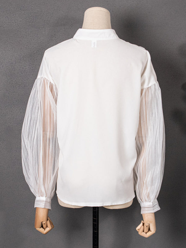 Asymmetric Buttoned See-Through Solid Color Split-Joint Long Sleeves Loose Stand Collar Blouses&shirts Tops