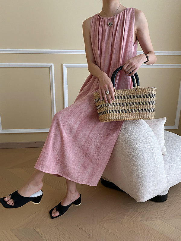 Pleated Solid Color A-Line Loose Round-Neck Midi Dresses