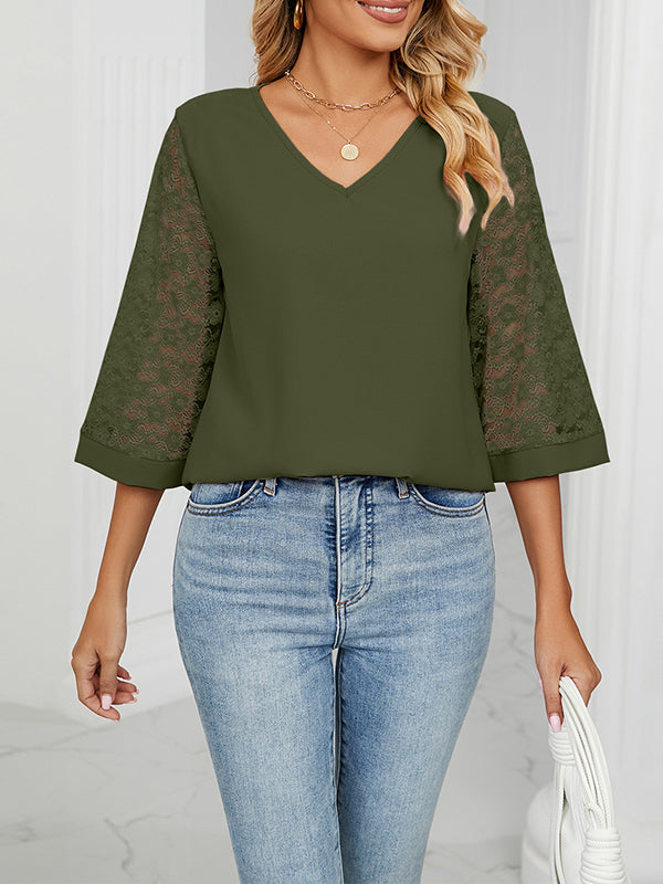Mesh Solid Color Split-Joint Loose Three-Quarter Sleeves Round-Neck T-Shirts Tops