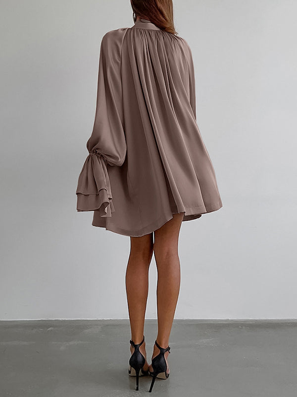 Buttoned Elasticity Pleated Solid Color Tied Zipper A-Line Flared Sleeves Stand Collar Mini Dresses