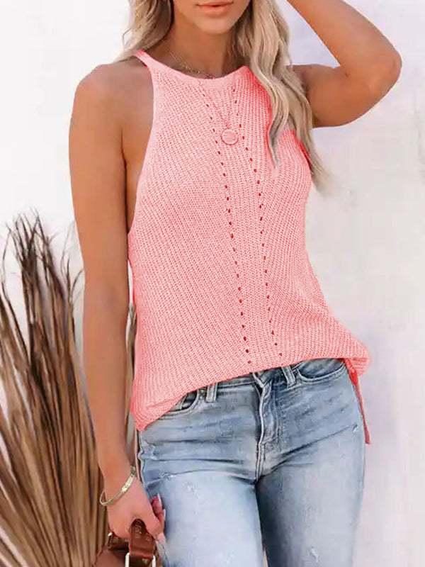 Hollow Solid Color Loose Sleeveless Spaghetti-Neck Vest Top