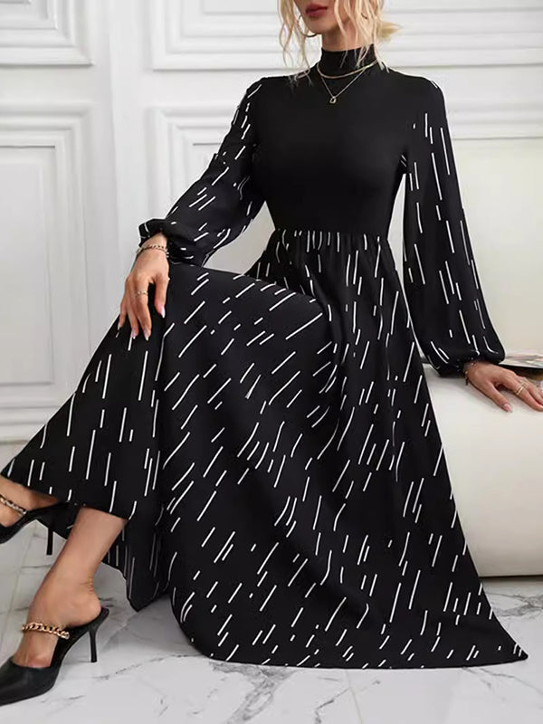 Printed Split-Joint Long Sleeves Puff Sleeves High Neck Maxi Dresses