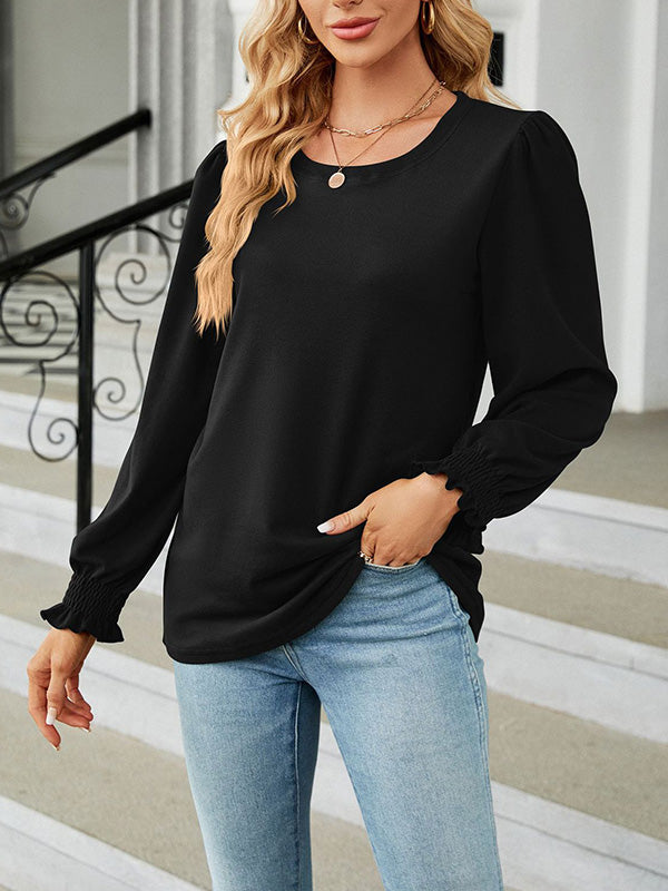 Elasticity Solid Color Long Sleeves Loose Round-Neck T-Shirts Tops