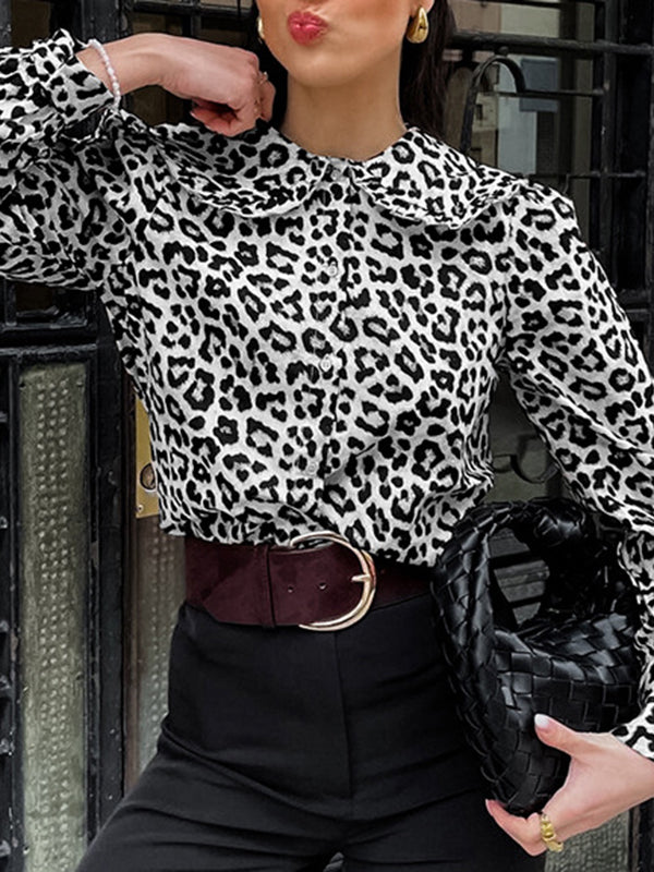 Leopard Printed Split-Joint Loose Puff Sleeves Peter Pan Collar Blouses&Shirts Tops