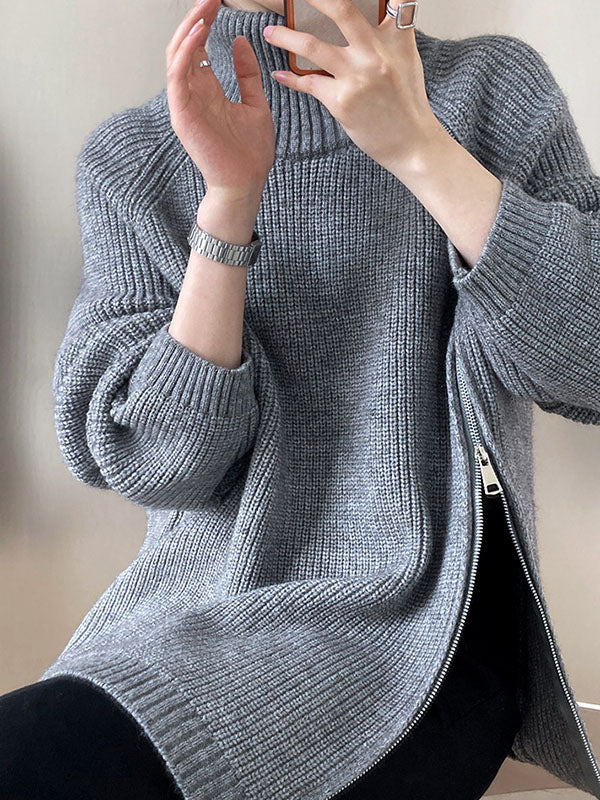 Urban Loose Long Sleeves Split-Side Solid Color Zipper Halter-Neck Sweater Tops