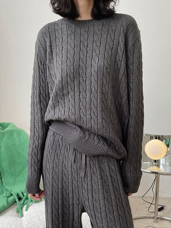 Casual Loose Long Sleeves Jacquard Solid Color Round-Neck Sweater Tops