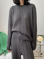 Casual Loose Long Sleeves Jacquard Solid Color Round-Neck Sweater Tops