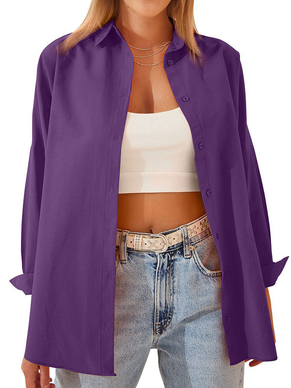 Buttoned Solid Color Long Sleeves Loose Lapel Blouses&Shirts Tops
