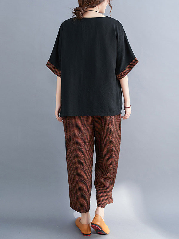Plaid Split-Joint Asymmetric T-Shirt&Pants Suits