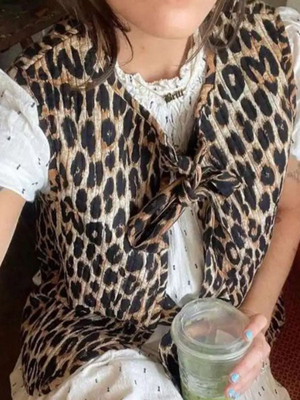 Lace-Up Leopard Split-Joint Loose Sleeveless V-neck Vest Outerwear
