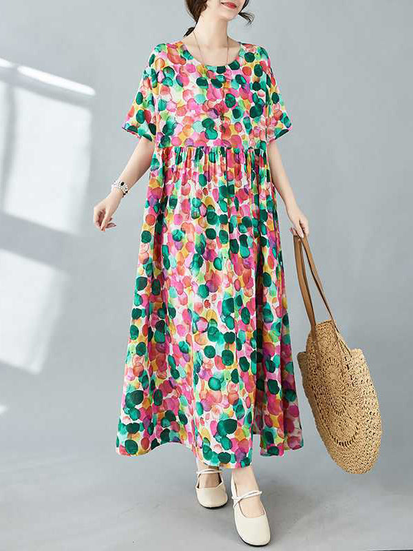 Pleated Polka-Dot Printed Split-Joint Half Sleeves Loose Round-Neck Midi Dresses