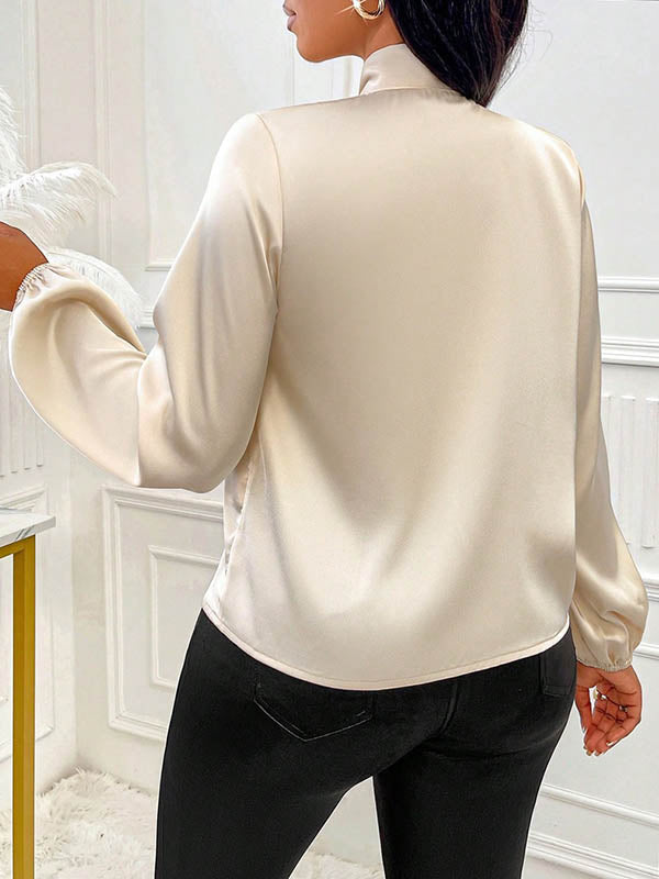 Bow-Embellished Pleated Solid Color Split-Joint Long Sleeves Loose Scarf Collar Blouses&Shirts Tops