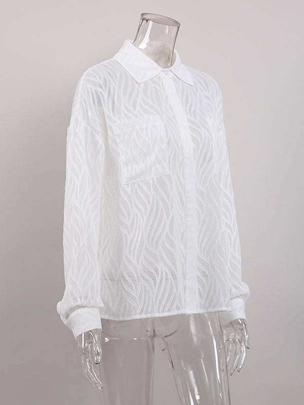 Buttoned Pockets See-Through Solid Color Split-Joint Long Sleeves Loose Lapel Blouses&Shirts Tops